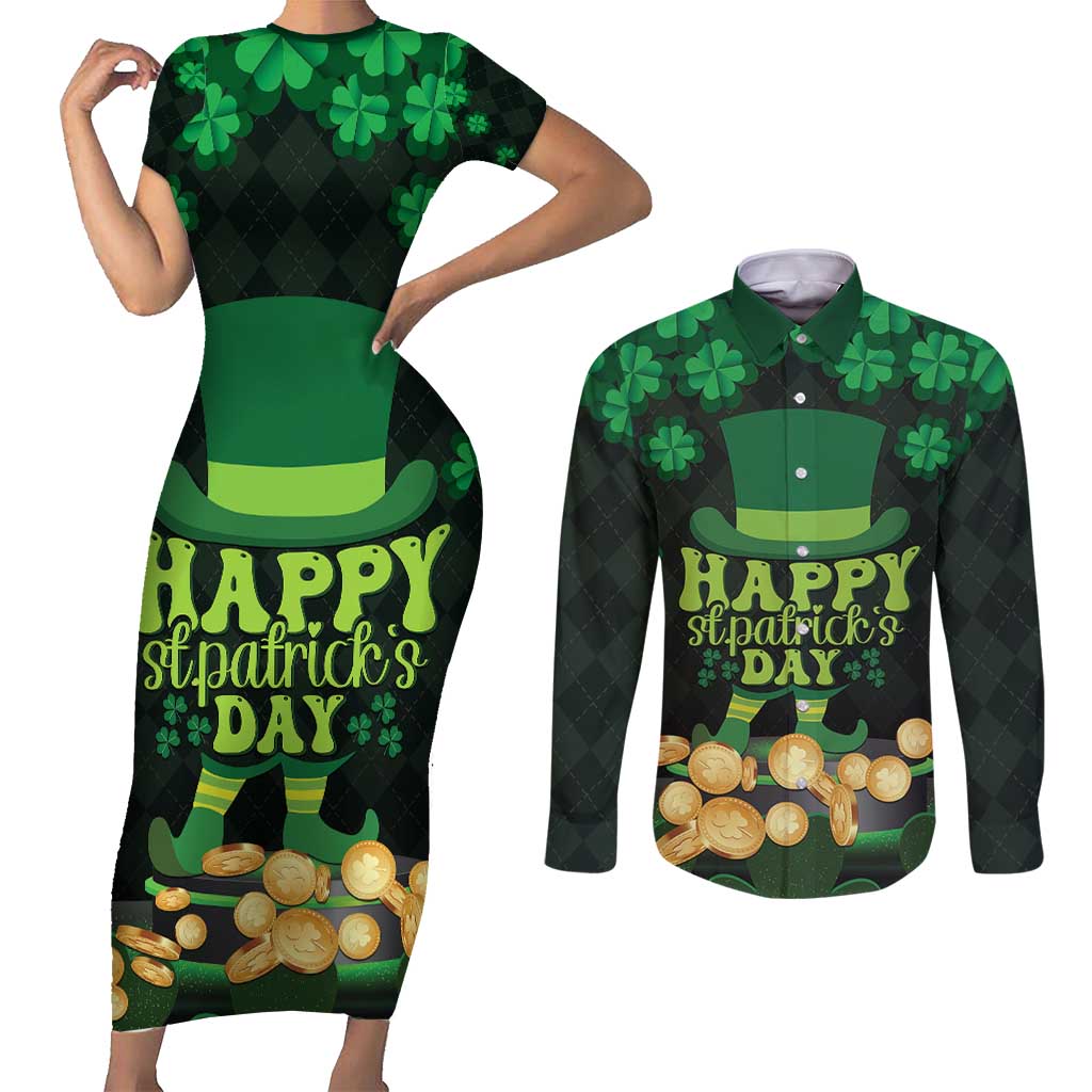 Ireland St Patrick's Day Couples Matching Short Sleeve Bodycon Dress and Long Sleeve Button Shirt Irish Shamrocks Leprechaun