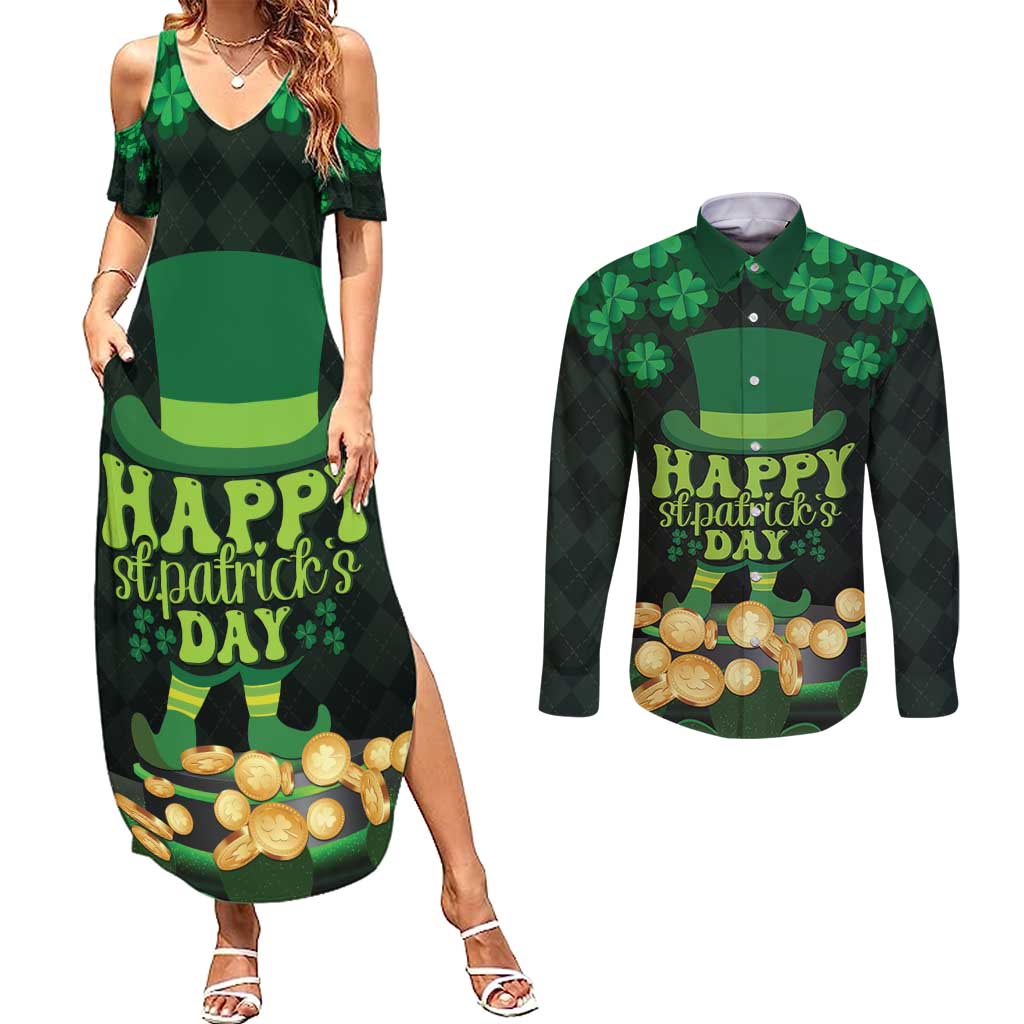 Ireland St Patrick's Day Couples Matching Summer Maxi Dress and Long Sleeve Button Shirt Irish Shamrocks Leprechaun