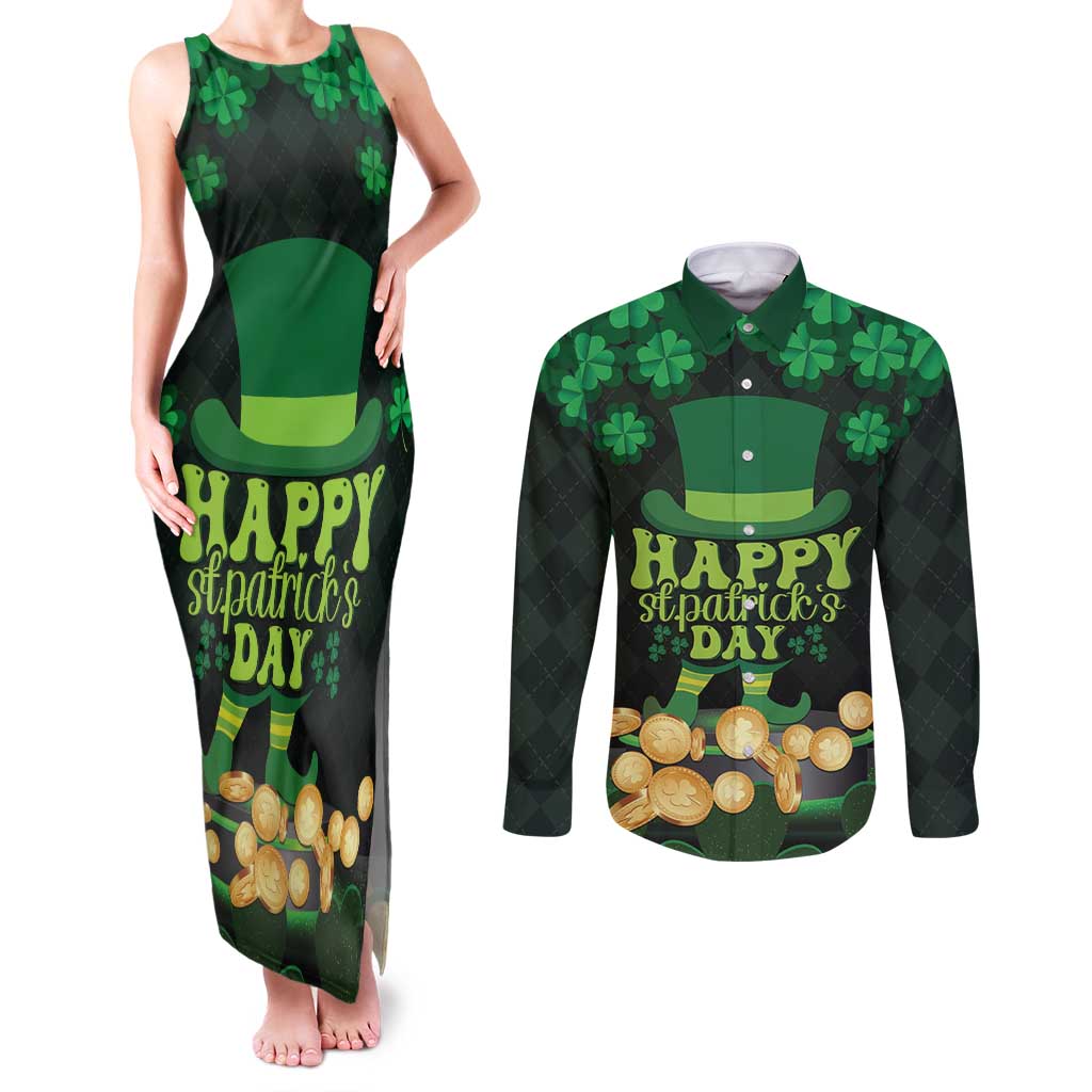 Ireland St Patrick's Day Couples Matching Tank Maxi Dress and Long Sleeve Button Shirt Irish Shamrocks Leprechaun