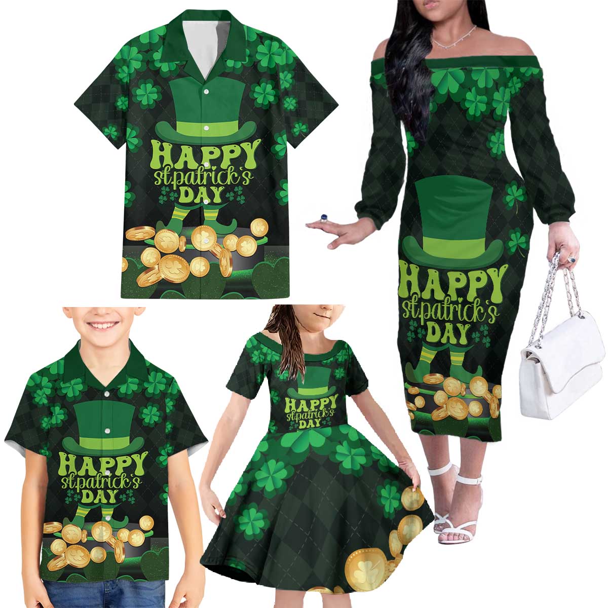 Ireland St Patrick's Day Family Matching Off The Shoulder Long Sleeve Dress and Hawaiian Shirt Irish Shamrocks Leprechaun