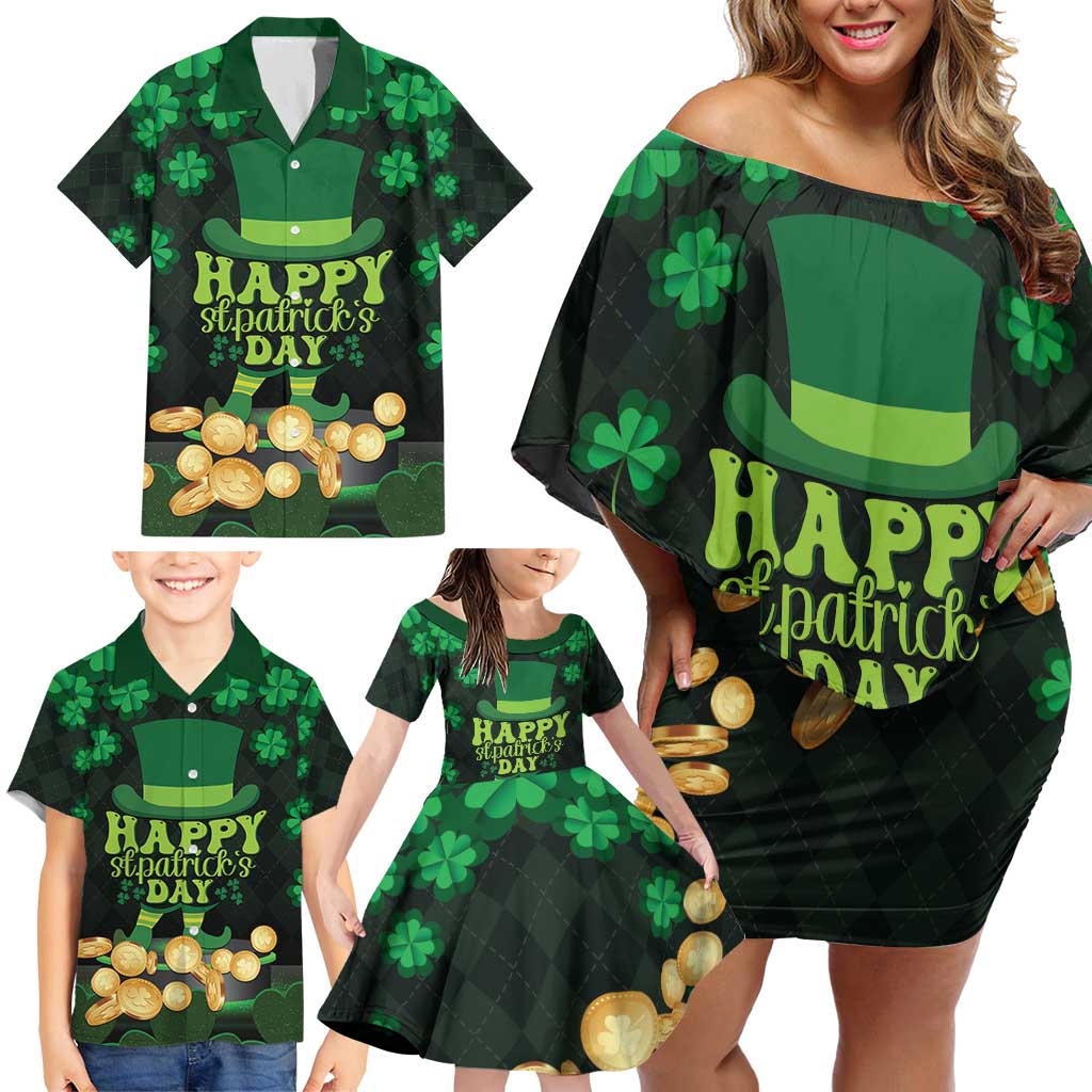 Ireland St Patrick's Day Family Matching Off Shoulder Short Dress and Hawaiian Shirt Irish Shamrocks Leprechaun - Wonder Print Shop