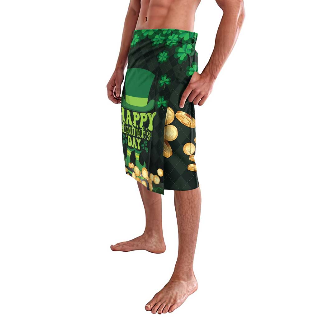 Green St. Patrick's Day sarong skirt with shamrocks, leprechaun hat and gold coin graphic