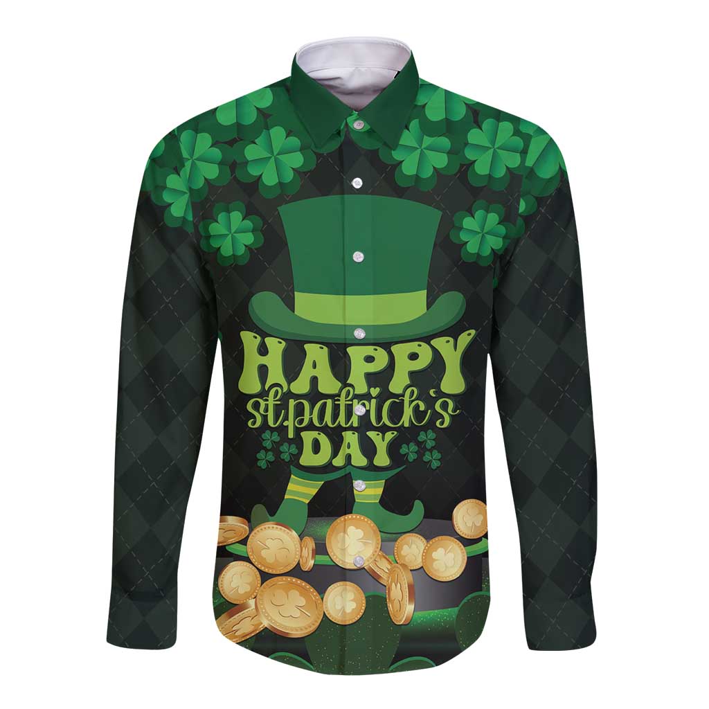 Green/black long-sleeve button shirt with shamrocks and 'Happy St Patrick's Day' hat, coins