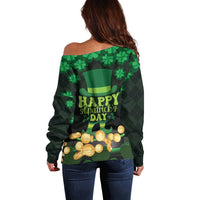 Women's green off-shoulder sweater back with shamrocks, 'Happy St. Patrick's Day' text, coins