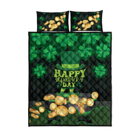 Quilt bed set with two pillows: green clovers, gold coins, and Happy St Patrick's Day text