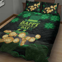 St Patrick's Day quilt bed set with green clovers, gold coins, and 'Happy St Patrick's Day'