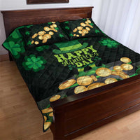 St Patrick's Day quilt bed set with green clovers, gold coins, and a green leprechaun hat