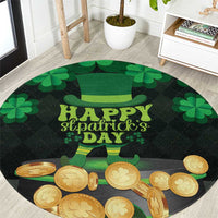 Round St. Patrick's Day carpet with green shamrocks, leprechaun, and gold coin graphics