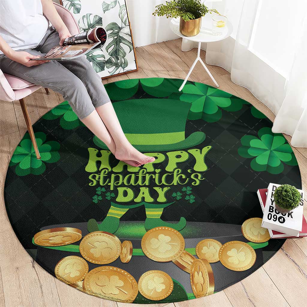 Round St. Patrick's Day carpet with 'Happy St Patrick's Day' text, shamrocks, and gold coins