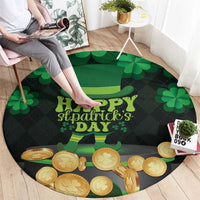 Round St. Patrick's Day carpet with 'Happy St Patrick's Day' text, shamrocks, and gold coins