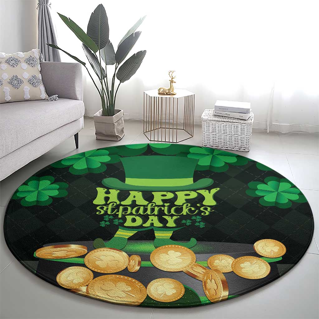 Round St. Patrick's Day carpet featuring leprechaun silhouette, shamrocks, and gold coins
