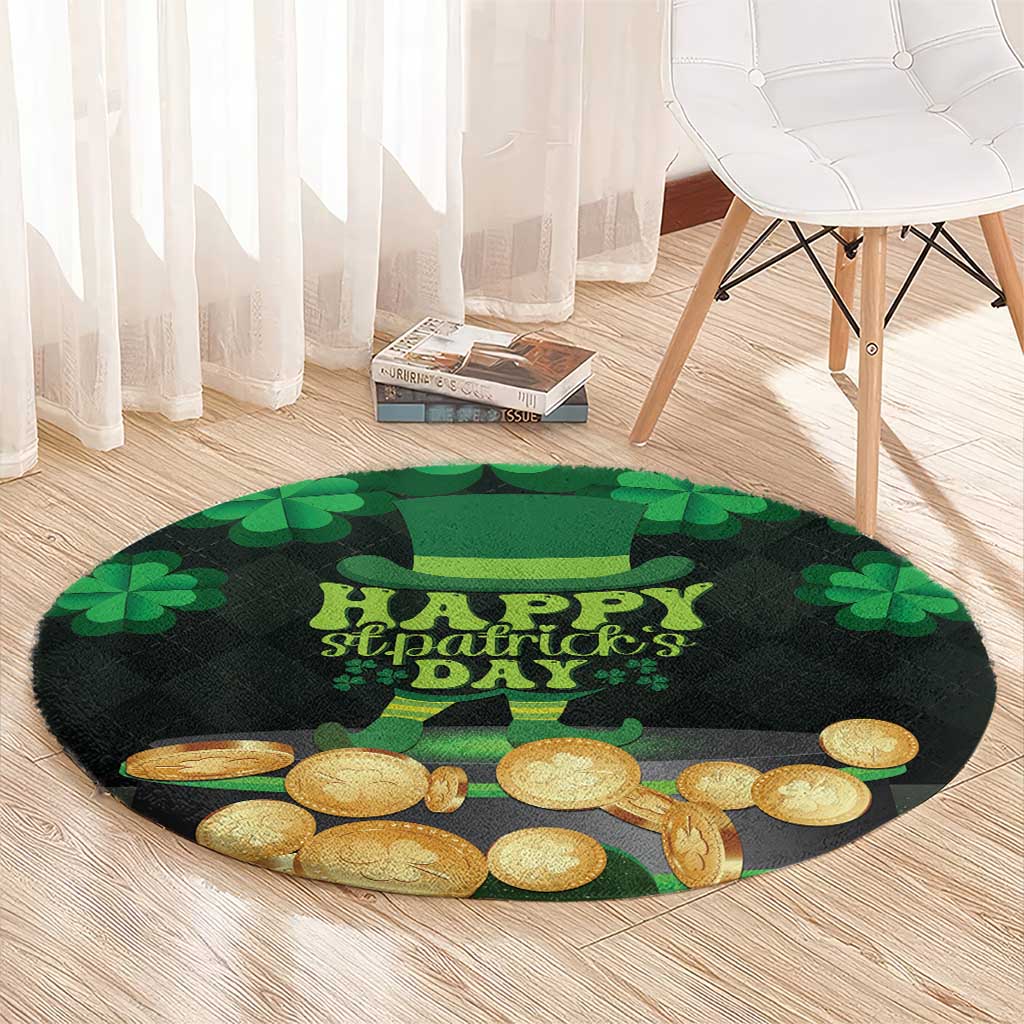 Round St. Patrick's Day carpet with green shamrocks and gold coins on a dark background