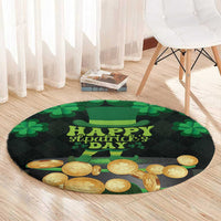Round St. Patrick's Day carpet with green shamrocks and gold coins on a dark background
