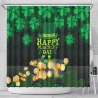 Green shower curtain with shamrocks, Happy St Patrick’s Day lettering, and gold coin pile