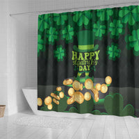Green St Patrick’s Day shower curtain with shamrocks, leprechaun hat, and gold coins