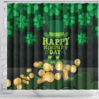 Green shower curtain featuring Happy St Patrick’s Day text, shamrocks, and gold coins