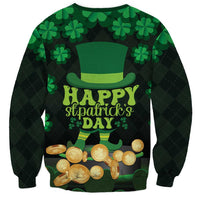Green unisex sweatshirt with 'Happy St. Patrick's Day' text, clover sleeves and coins
