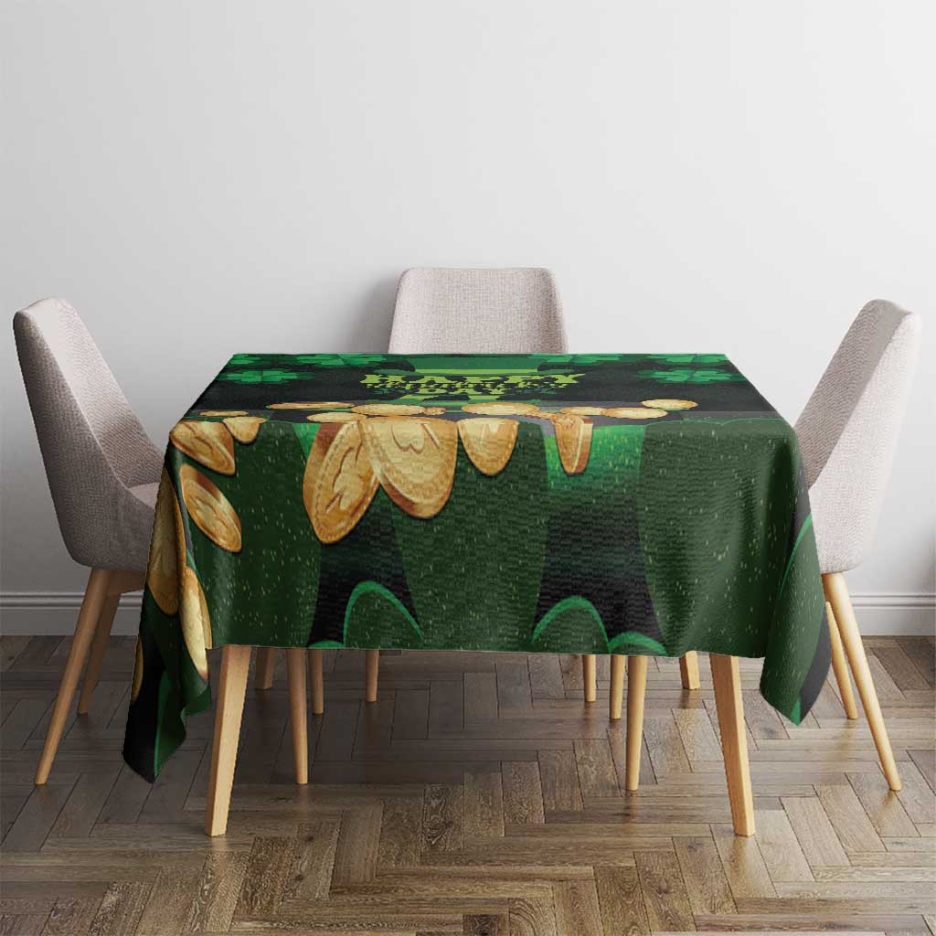 Green shamrock and gold motif tablecloth covering dining table