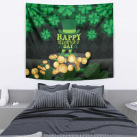 Green St. Patrick’s Day wall tapestry with shamrocks and gold coins under “Happy”