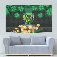 Green St. Patrick’s Day tapestry featuring shamrocks, top hat, and gold coins