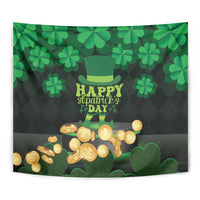 Green shamrock tapestry with top hat icon, “Happy St. Patrick’s Day,” and gold coins