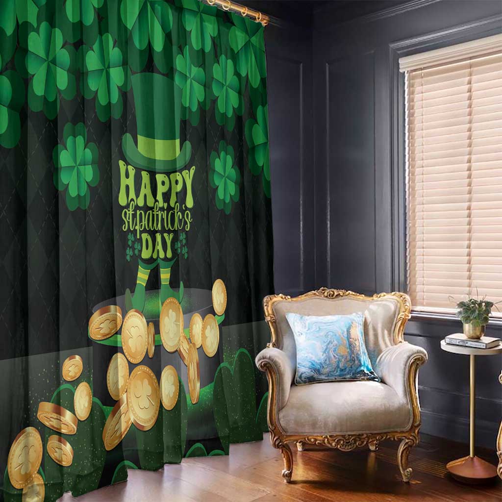 St. Patrick's Day window curtain with “Happy St. Patrick’s Day” text, shamrocks and coins