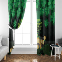 St. Patrick's Day window curtain panels with green shamrocks and gold coins on dark fabric