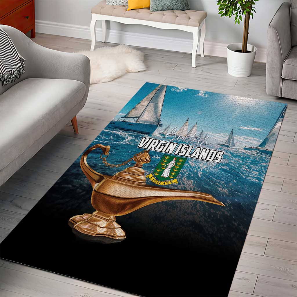 Blue and black sailboat area rug with 'Virgin Islands' text centered