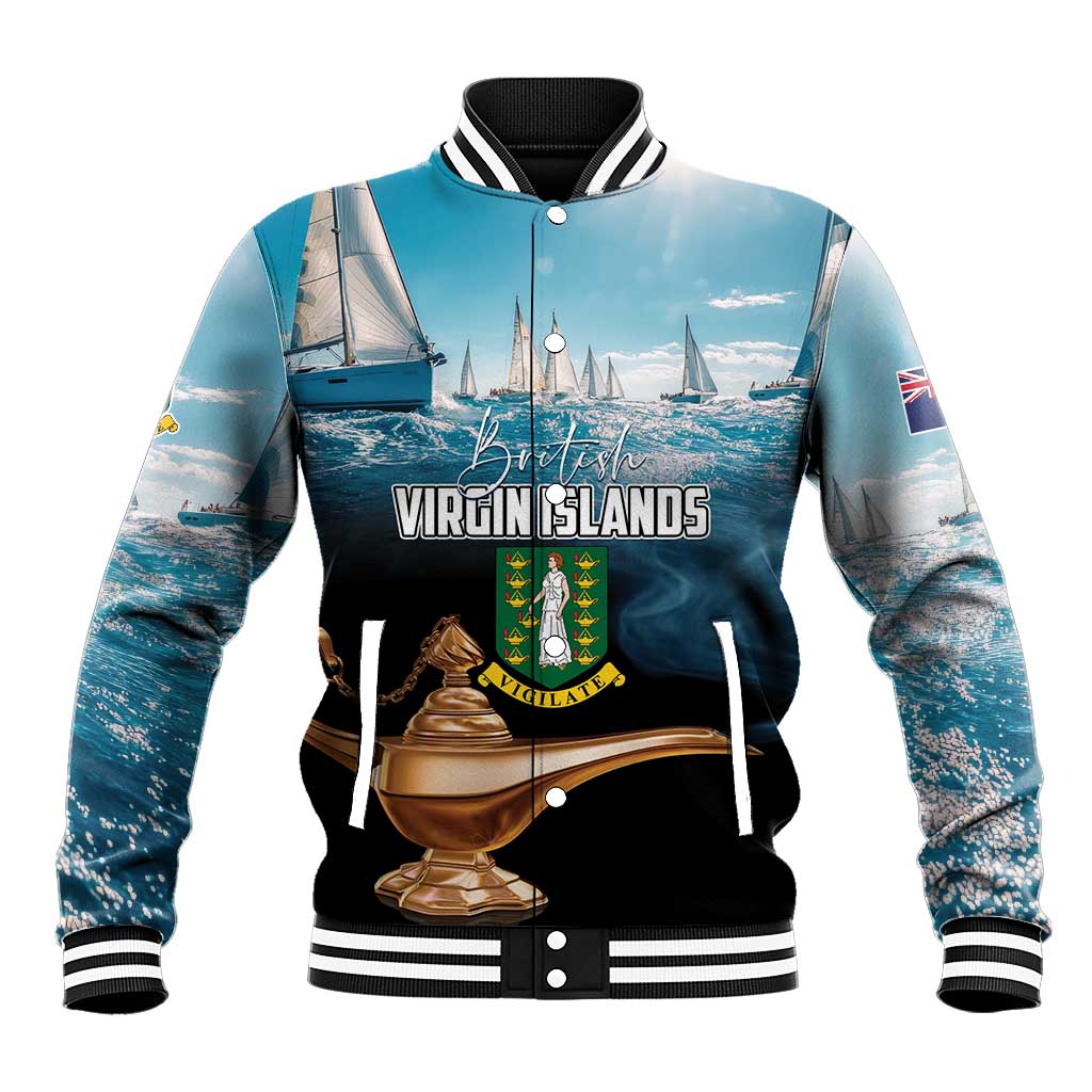Blue baseball jacket with sailing graphic, crest emblem, ribbed collar and striped cuffs.