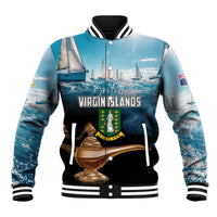 Blue baseball jacket with sailing graphic, crest emblem, ribbed collar and striped cuffs.