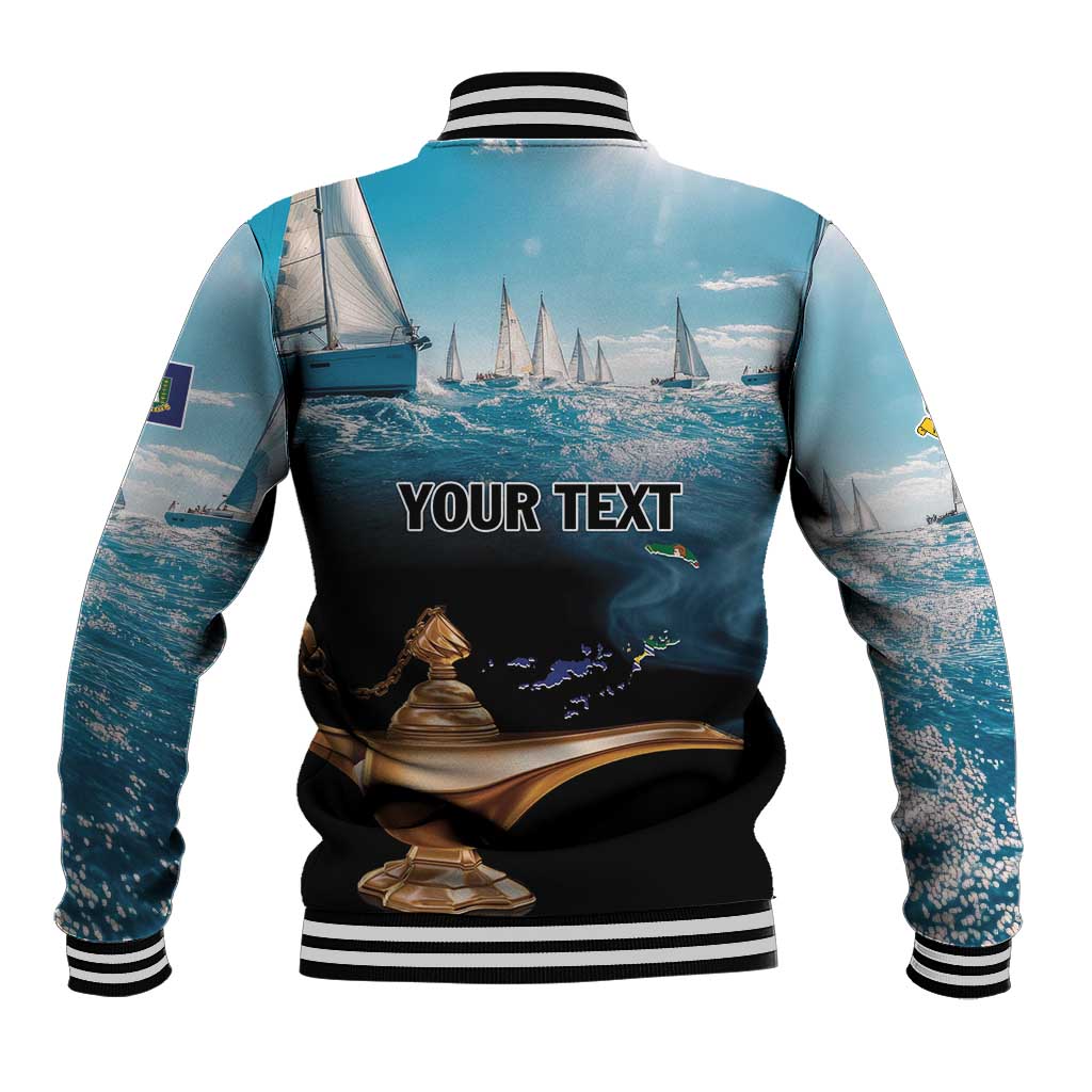 Blue baseball jacket back with sailing scene, chess graphic, striped ribbed collar and hem.