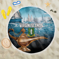 Round blue beach blanket with white fringe, British Virgin Islands artwork