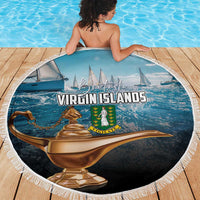 Round blue beach blanket with white fringe, Virgin Islands ship and crest artwork