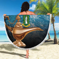 Round blue beach blanket with white fringe, British Virgin Islands crest and ship