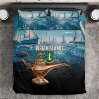 Blue bedding set with sailboats, Virgin Islands crest, gold lamp motif, 2 pillowcases