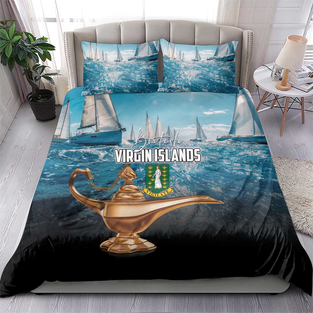 Blue bedding set with sailboats and Virgin Islands crest plus gold lamp motif, 2 pillows
