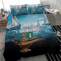 Blue bedding set with sailboat scene, Virgin Islands crest, gold lamp design on comforter