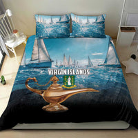 Blue bedding set with sailboat print, Virgin Islands crest and gold lamp motif, 2 pillowcases