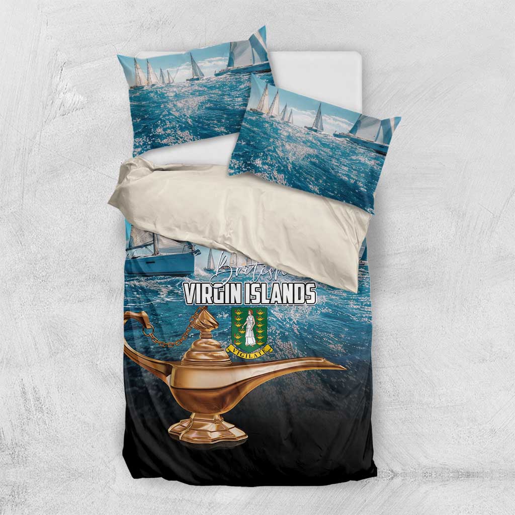 Blue and black bedding set with sailboats, Virgin Islands crest, gold lamp on duvet