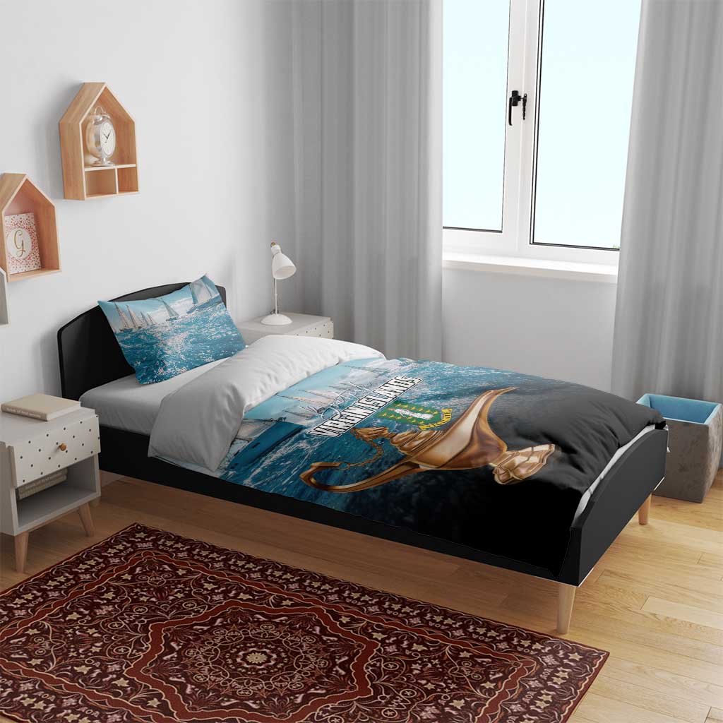 Blue bedding set on bed frame: sailboats, Virgin Islands crest, gold lamp motif on comforter