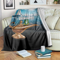 Blue and black throw blanket with “Virgin Islands” graphic and golden lamp artwork