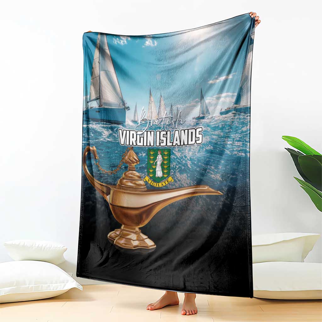 Blue and black blanket featuring “Virgin Islands” text and golden lamp illustration