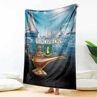 Blue and black blanket featuring “Virgin Islands” text and golden lamp illustration