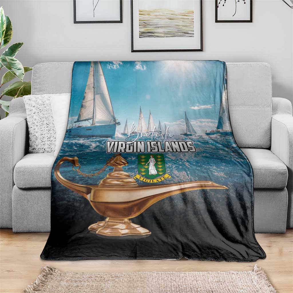 Blue and black Virgin Islands blanket with golden lamp and sailing ship graphic