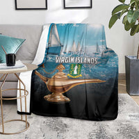 Blue and black blanket with “Virgin Islands” center design and golden lamp artwork