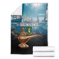 Blue and black blanket set on white background with “Virgin Islands” logo and lamp art