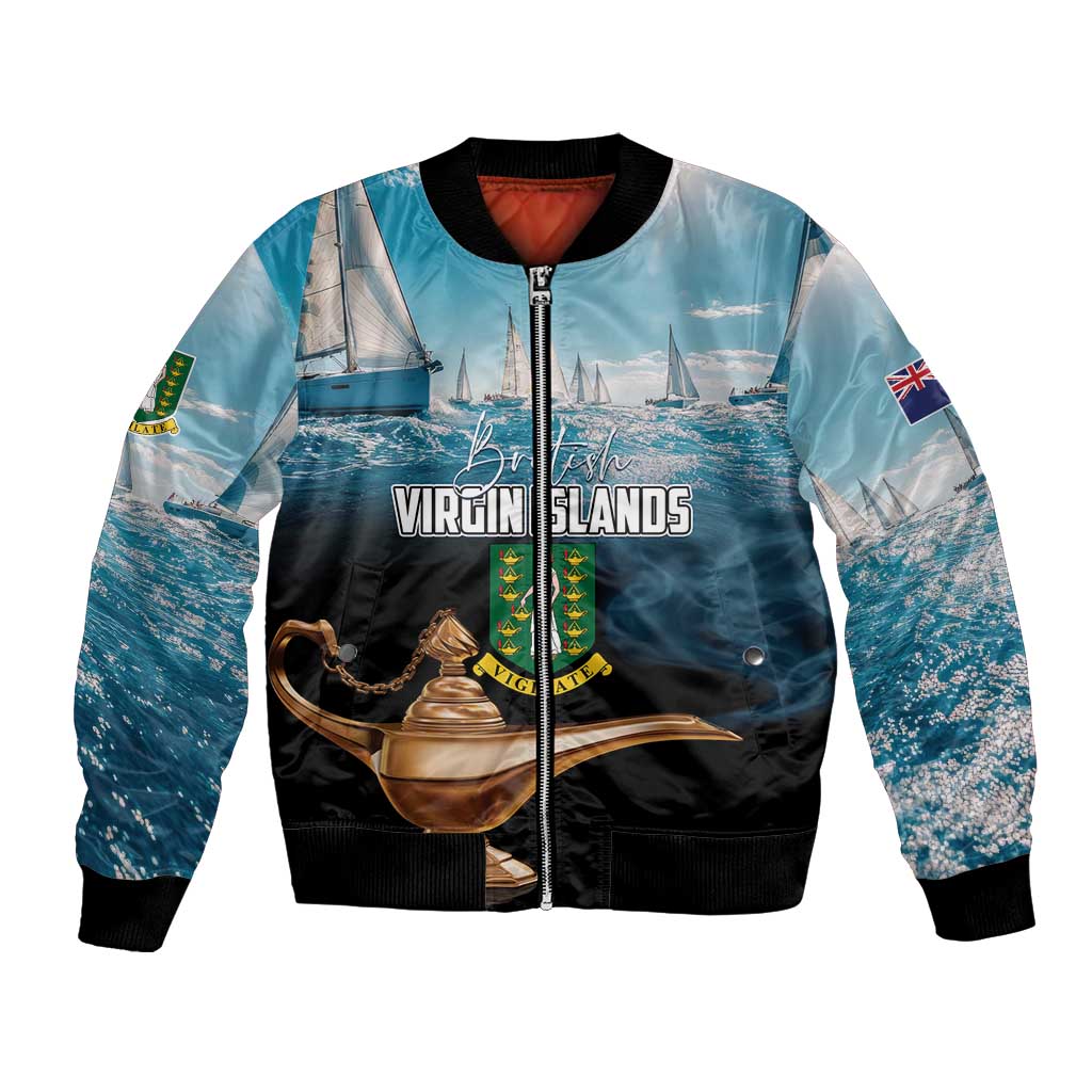 Blue bomber jacket with full-zip, boat graphic, Virgin Islands text, sleeve flag patch