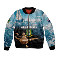 Blue bomber jacket with full-zip, boat graphic, Virgin Islands text, sleeve flag patch