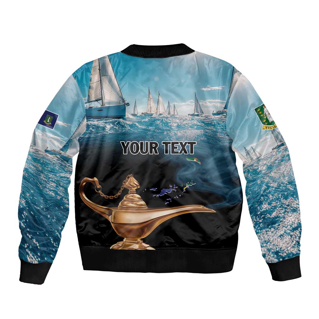Blue bomber jacket back with Your Text, boat graphic, gold lamp, sleeve flag patch