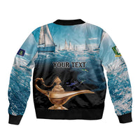 Blue bomber jacket back with Your Text, boat graphic, gold lamp, sleeve flag patch